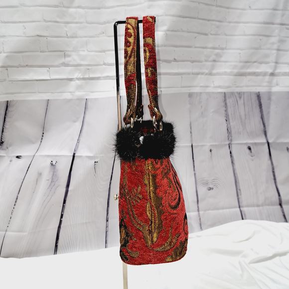 Boho Rich Red Gold Tapestry Hand Bag Rabbit Fur Pompom around top Snap closure - Picture 2 of 13